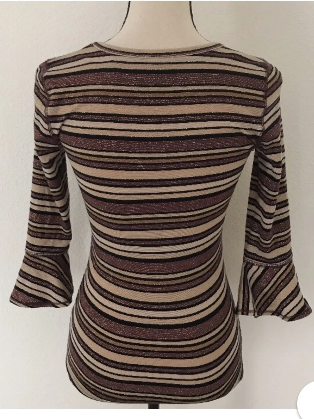 Free People Earth Tone Striped Scoop Neck Bell Sleeve Top Metallic Thread Small